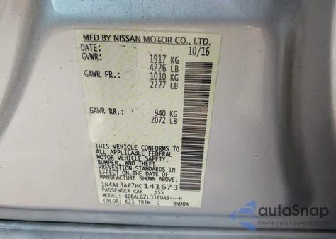 2017 Nissan Altima 2.5 S z USA, uszkodzony, nr VIN 1N4AL3AP7HC141673